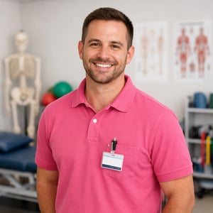 Male Allied Health Worker in Pink Polo Top Smiling at Camera-1